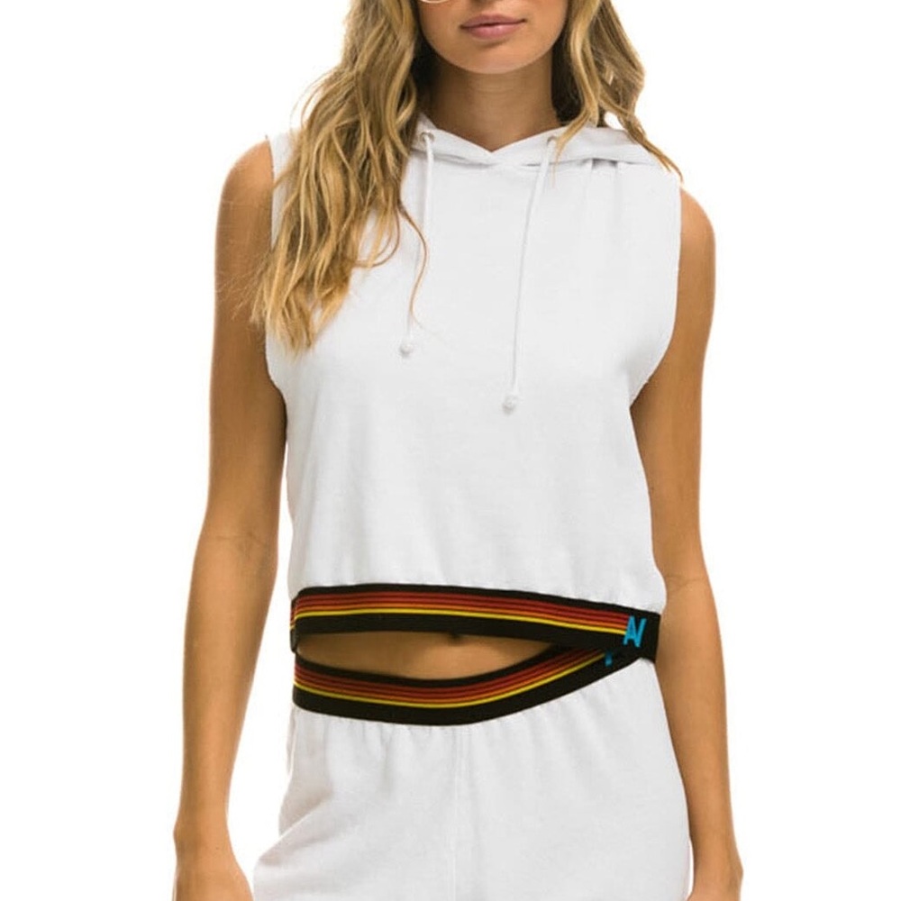 Aviator Nation White Sleeveless Cropped Hoodie with Red and Yellow Stripe Accent